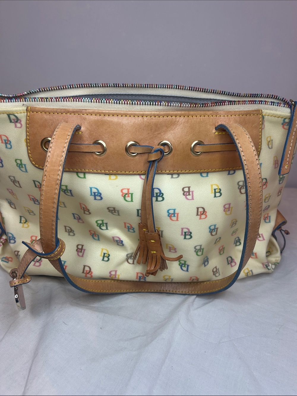 Vintage Dooney Bourke Tassel Tote Bag Purse DB Logo Coated Canvas Heart Charm